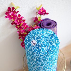 Cojín de Yoga de Algodón Redondo Turquesa - Estampado Floral - 59 x 21,5 cm