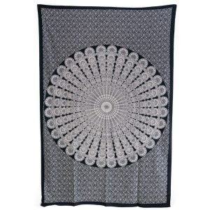 Tapiz de Algodón Auténtico Mandala Negro/Blanco (215 x 135 cm)